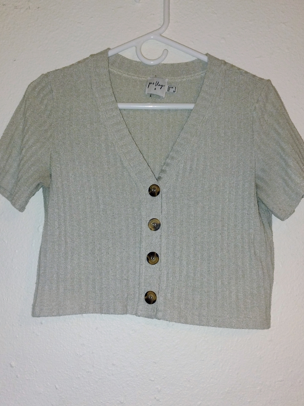 Polly & Esther Light Sage Ribbed Button-Front Cropped Top